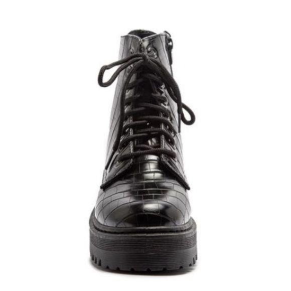 Black Croc Embossed Combat Boots - Picture 5 of 10